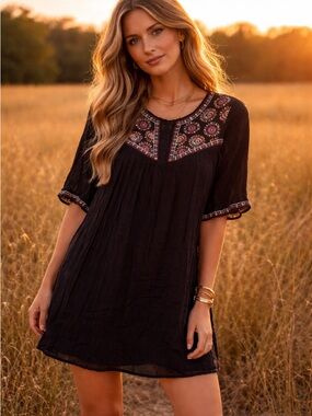 miami Black Embroidered Yoke Boho Tunic